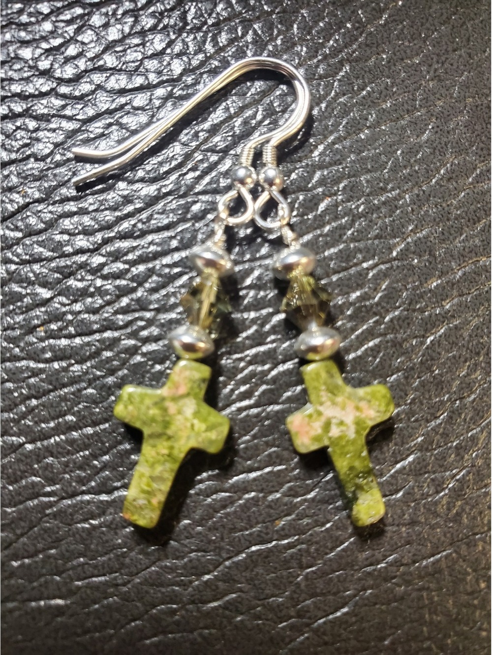 Unakite Jasper Cross Earrings Swarovski Crystal 925 Sterling Silver Dangle